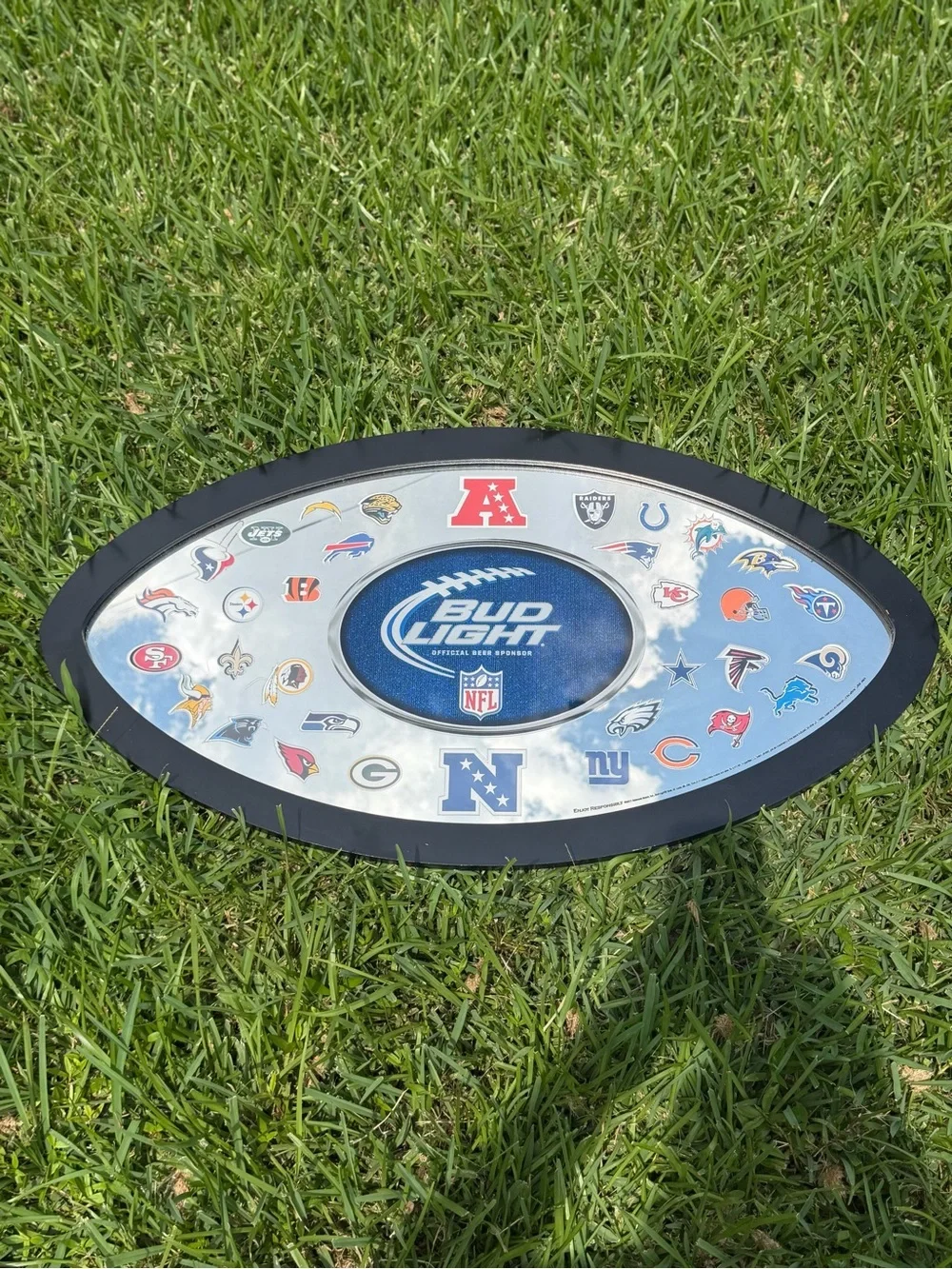 BUD LIGHT NFL OVAL MIRROR SIGN 32 TEAM HELMET LOGOS FRAMED 33x18 2011 Edition